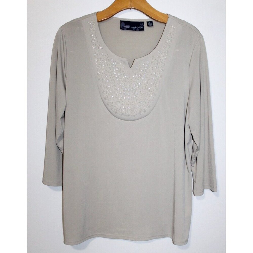 Susan Graver Womens Beige Beaded 3/4 Sleeve Jersey Blouse L